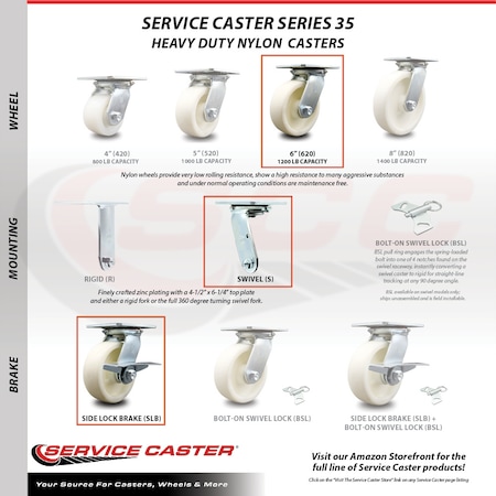 Service Caster 6 Inch Nylon Caster Set with Ball Bearing 2 Brakes and 2 Rigid SCC-35S620-NYB-SLB-2-R-2